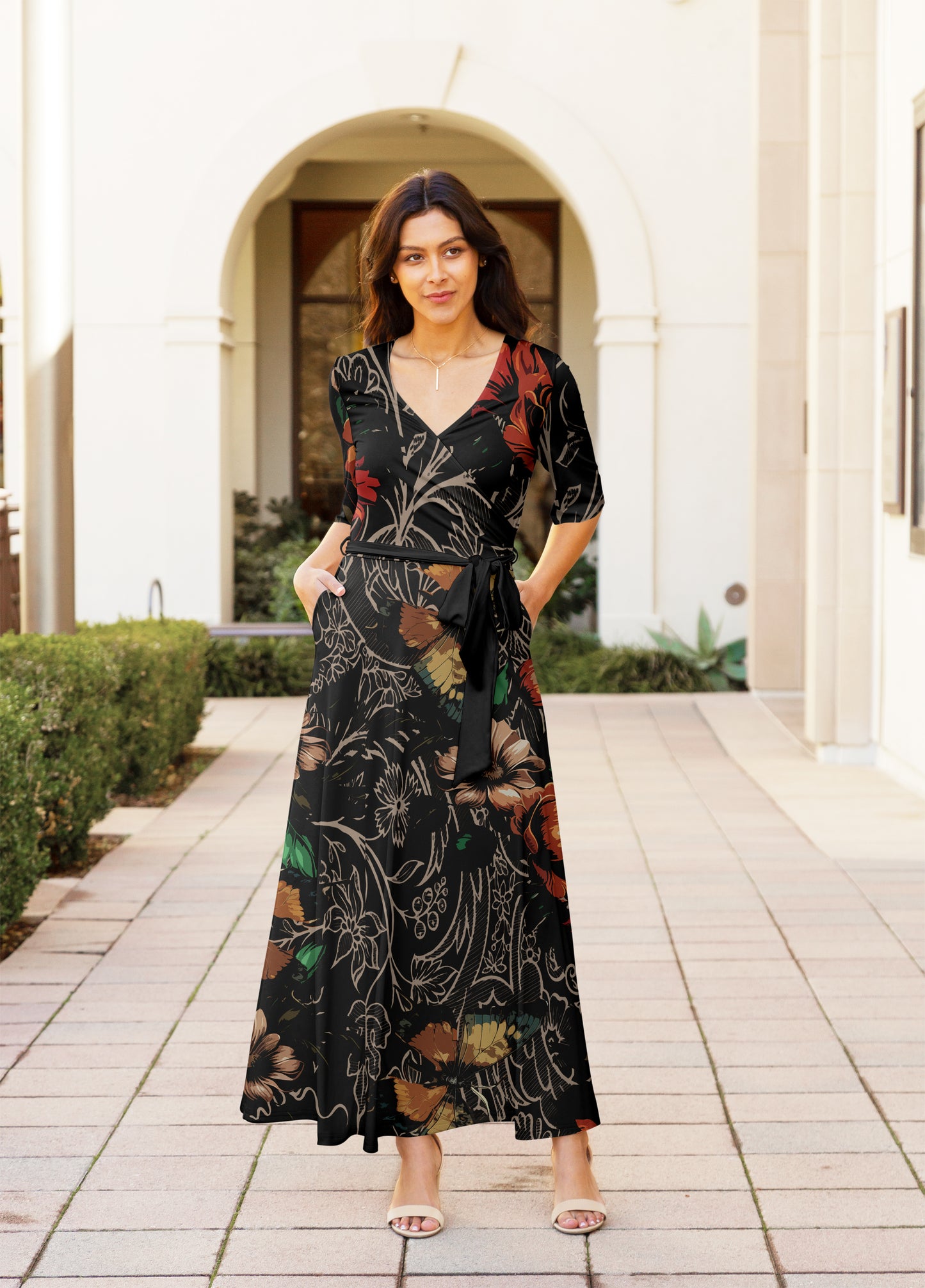 Elegant Print Maxi Dress with Waist Tie-Green White Dots