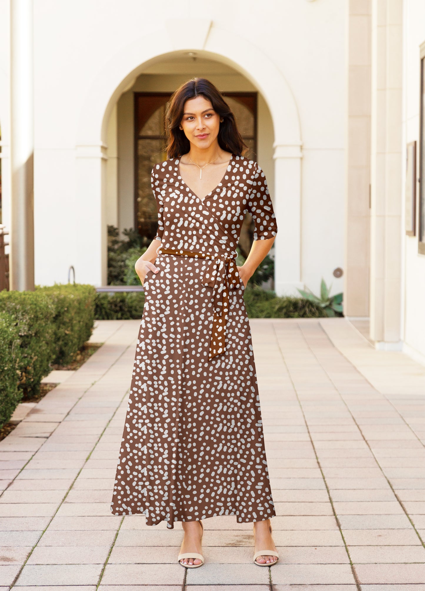 Elegant Print Maxi Dress with Waist Tie-Green White Dots
