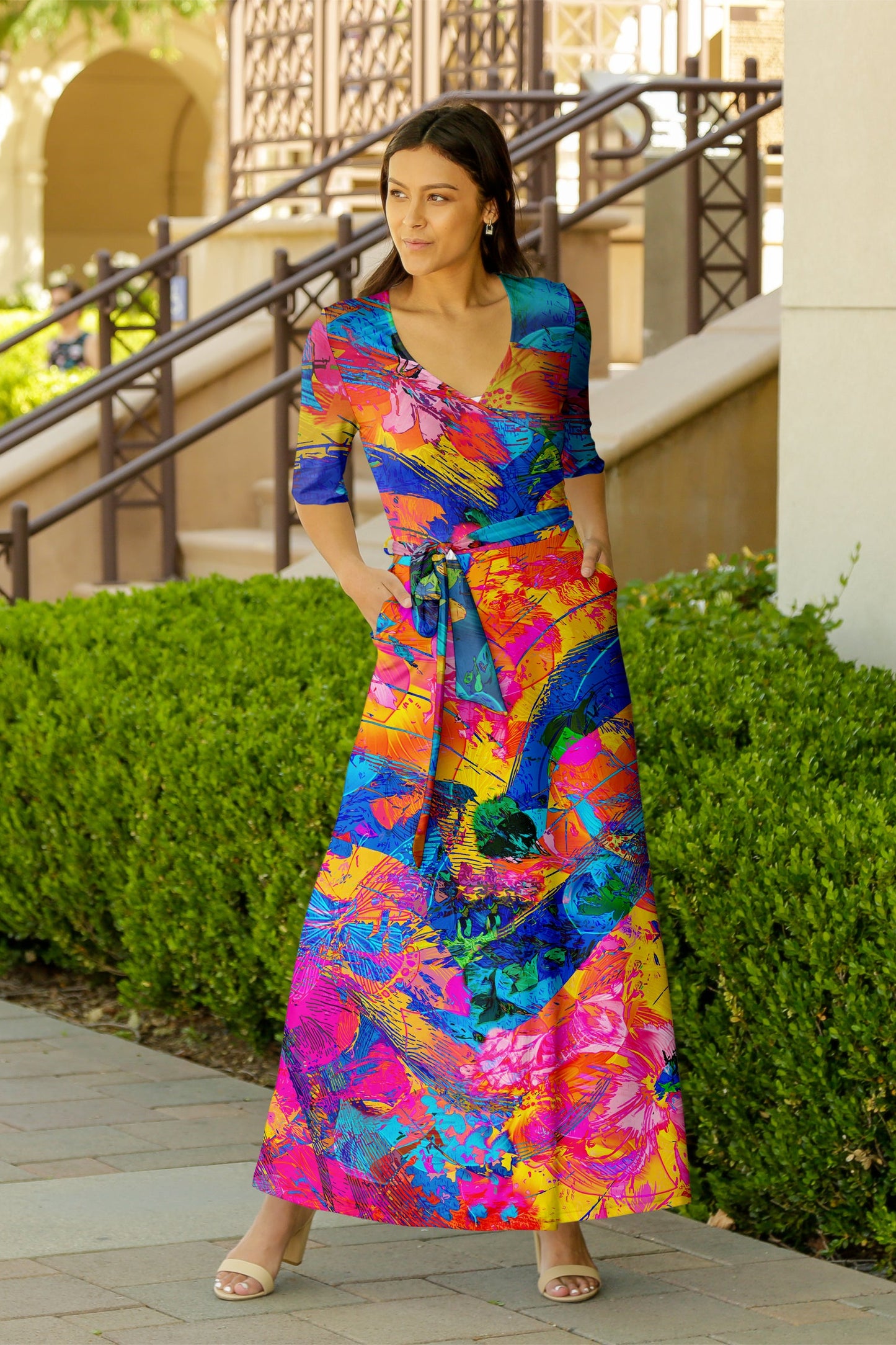Elegant Print Maxi Dress with Waist Tie-Green White Dots