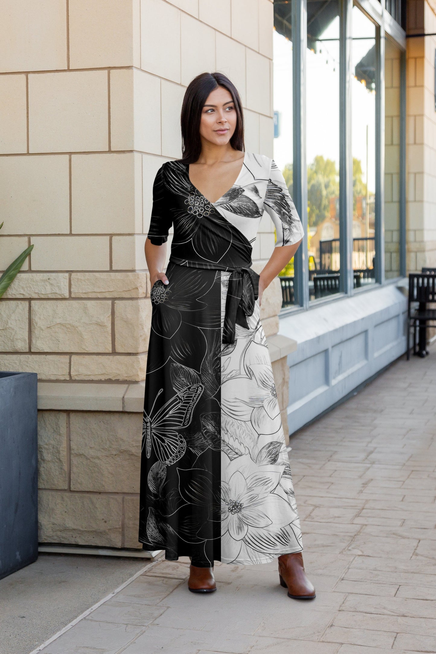 Elegant Print Maxi Dress with Waist Tie-Green White Dots