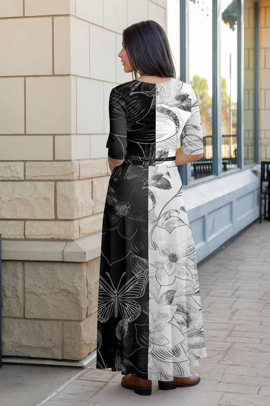 Elegant Print Maxi Dress with Waist Tie-Black White Floral