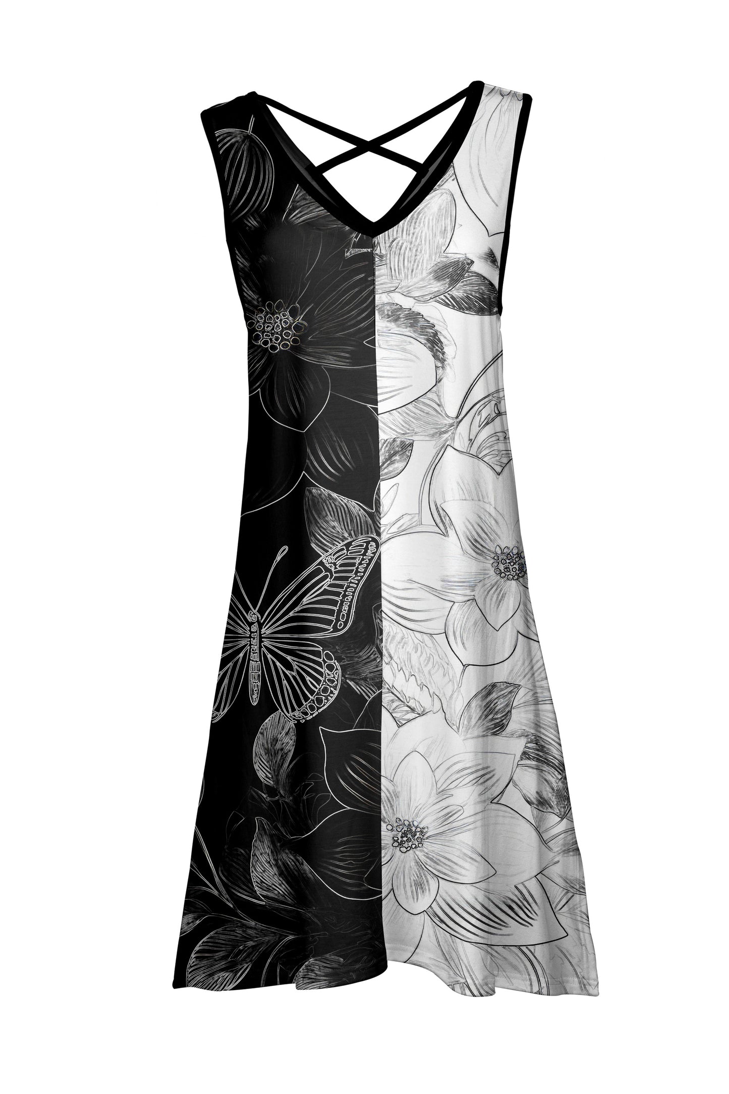 Sleeveless Cross-Back Midi Dress-Black White Dots And Strips
