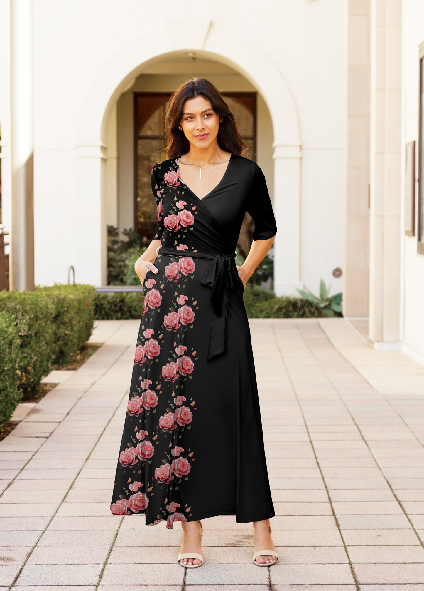 Elegant Print Maxi Dress with Waist Tie-Green White Dots