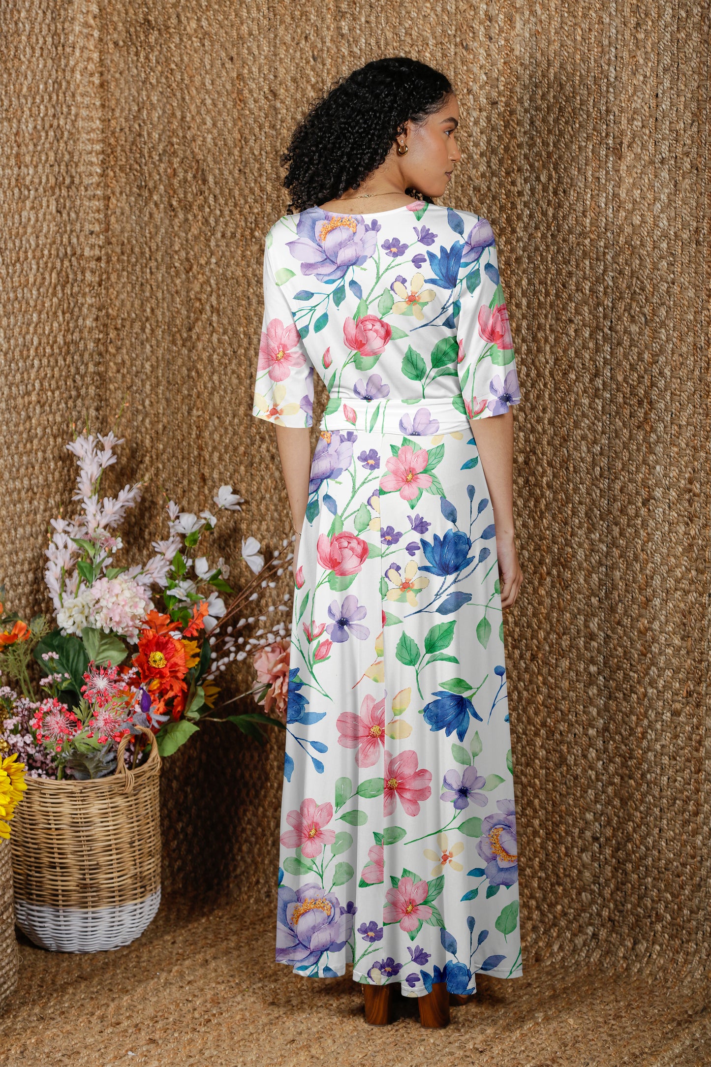 Elegant Print Maxi Dress with Waist Tie-Green White Dots