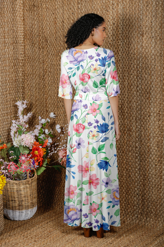Elegant Print Maxi Dress with Waist Tie-White Pink Blue Floral