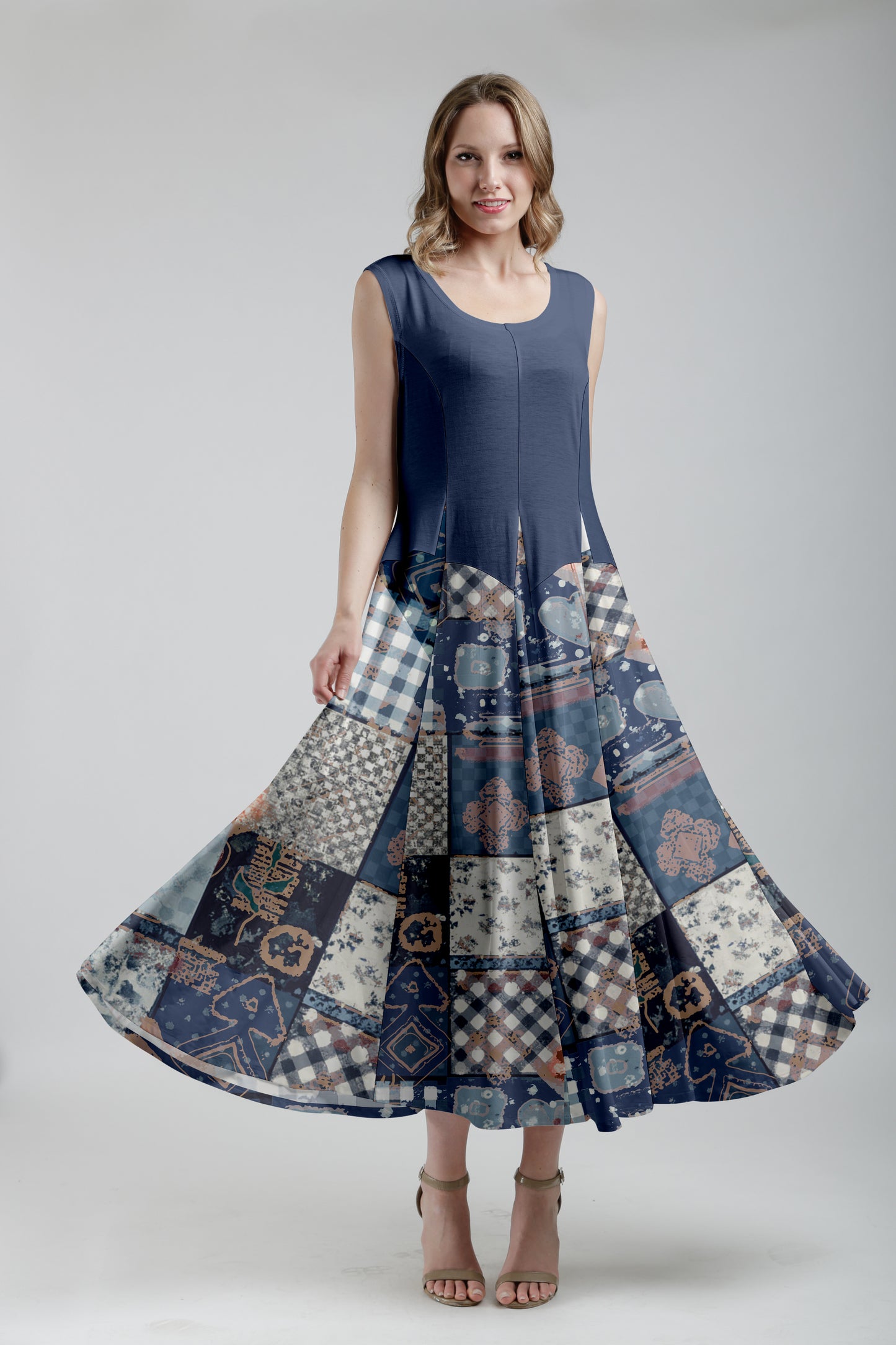 Sleeveless Patchwork Maxi Dress -Black Rust
