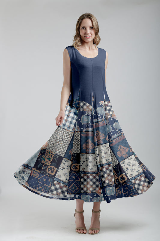 Sleeveless Patchwork Maxi Dress -Green White Dots