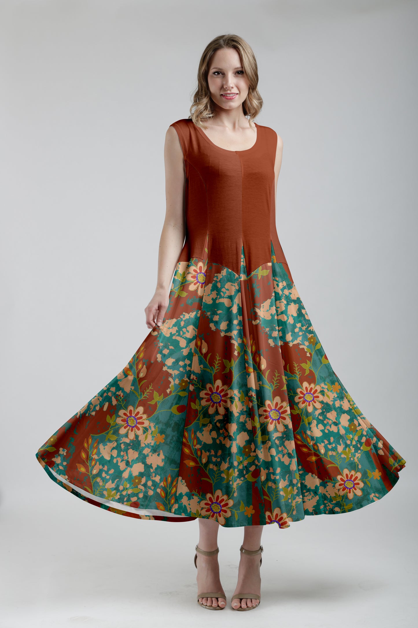 Sleeveless Patchwork Maxi Dress -Black Rust