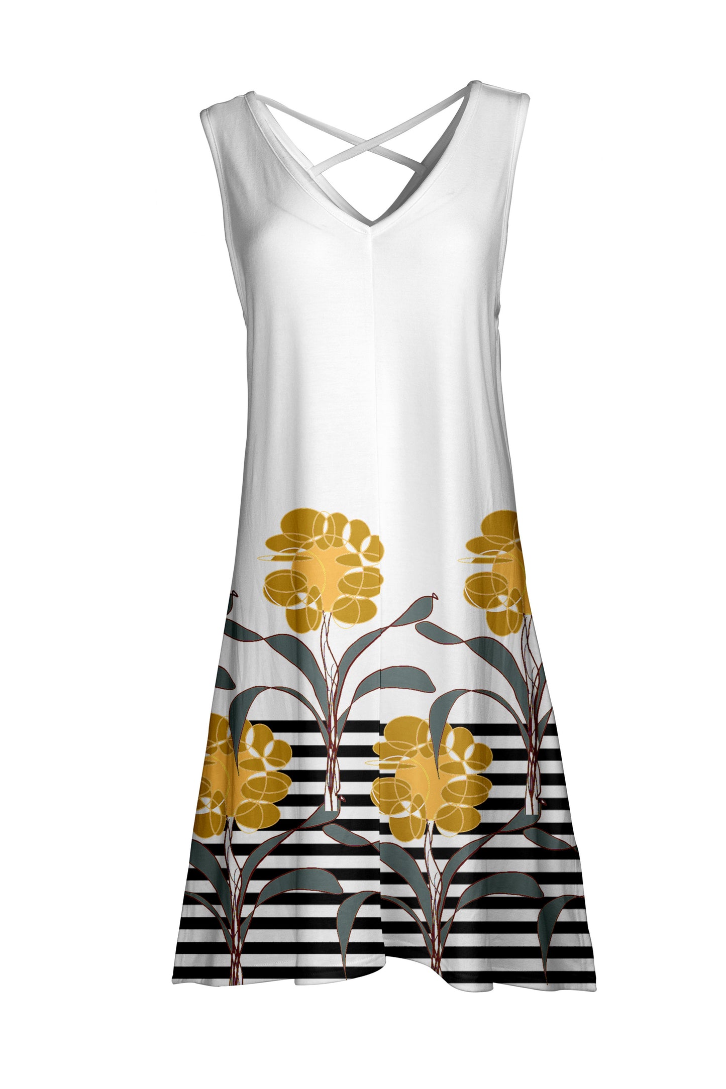 Sleeveless Cross-Back Midi Dress-Black White Dots And Strips