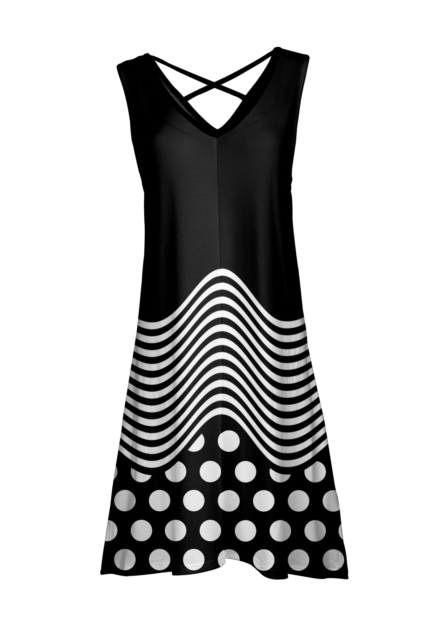 Sleeveless Cross-Back Midi Dress-Black White Dots And Strips