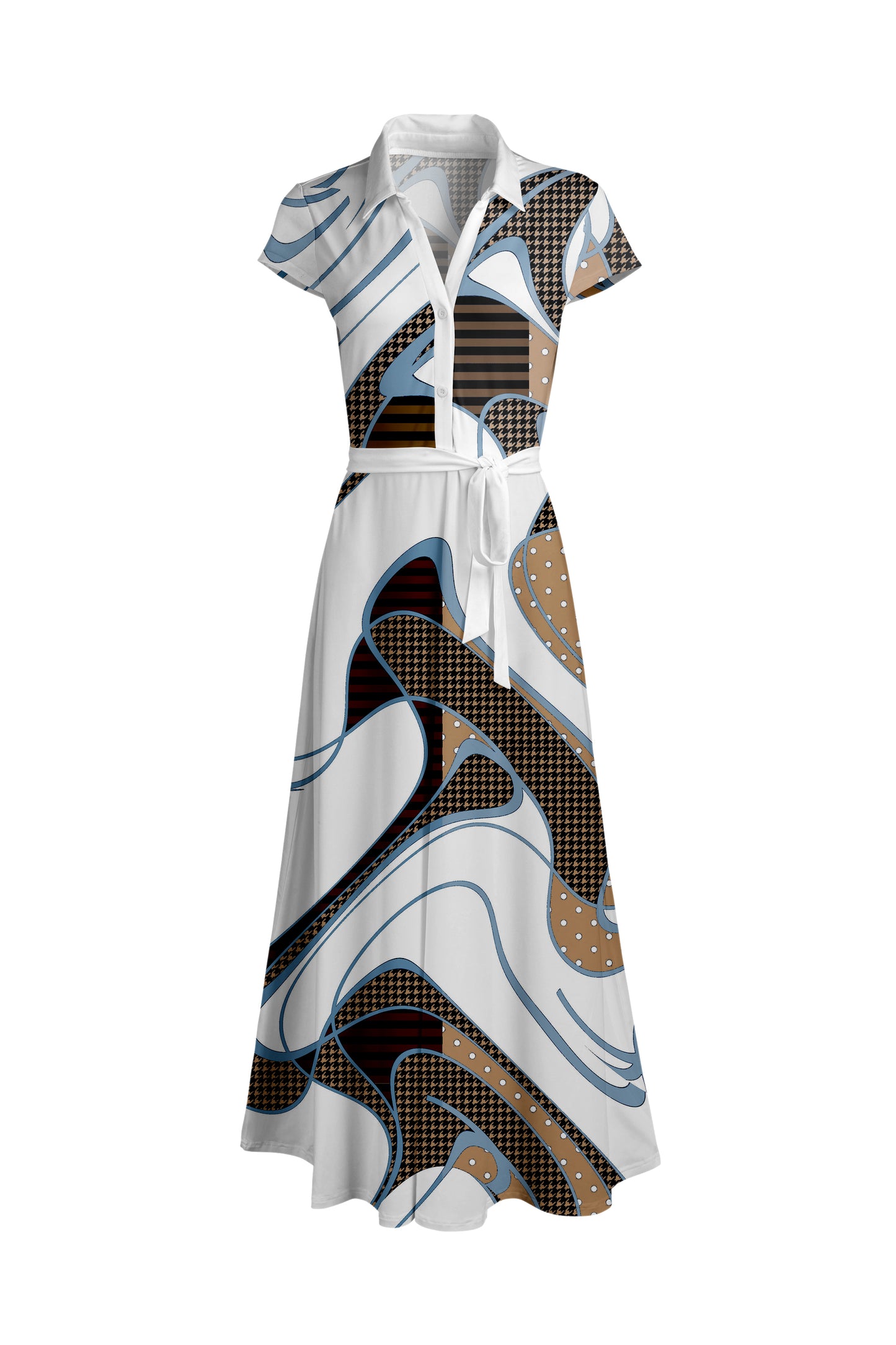 Classic Short-Sleeve Maxi Dress-White Brown Abstract