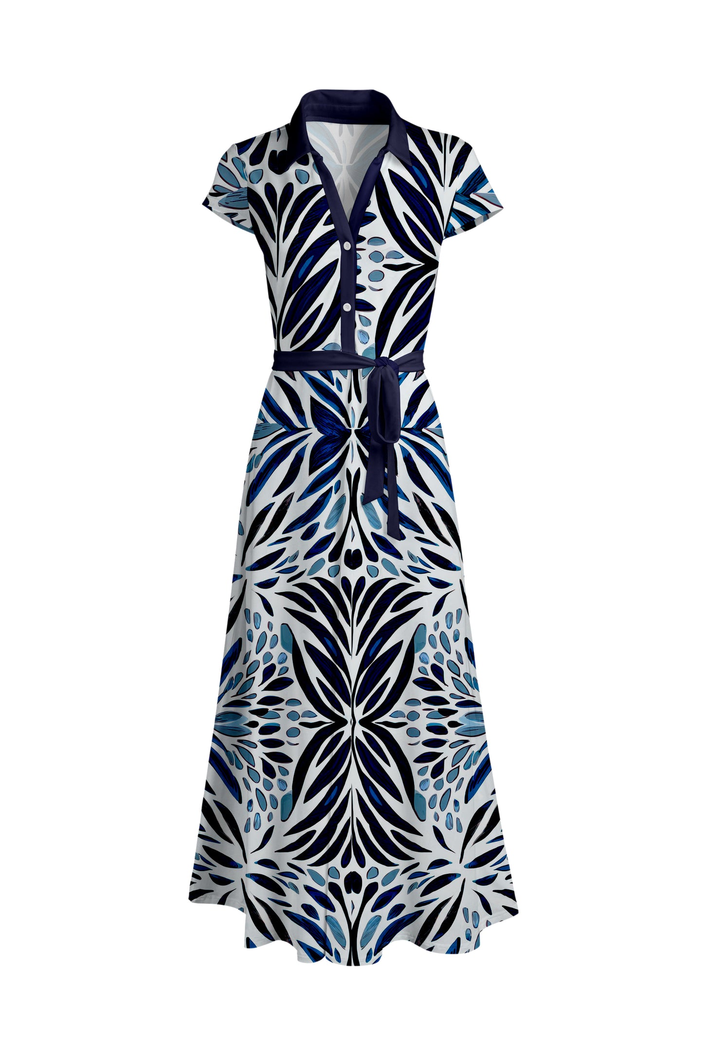 Classic Short-Sleeve Maxi Dress-White Brown Abstract