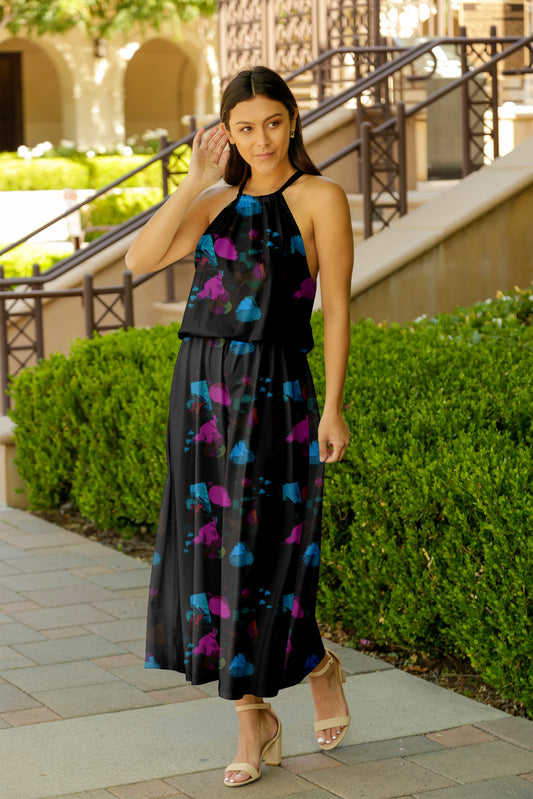 Elegant Contrast Print Maxi Dress with Attached Sleeveless Top-Beige Orange Leaves