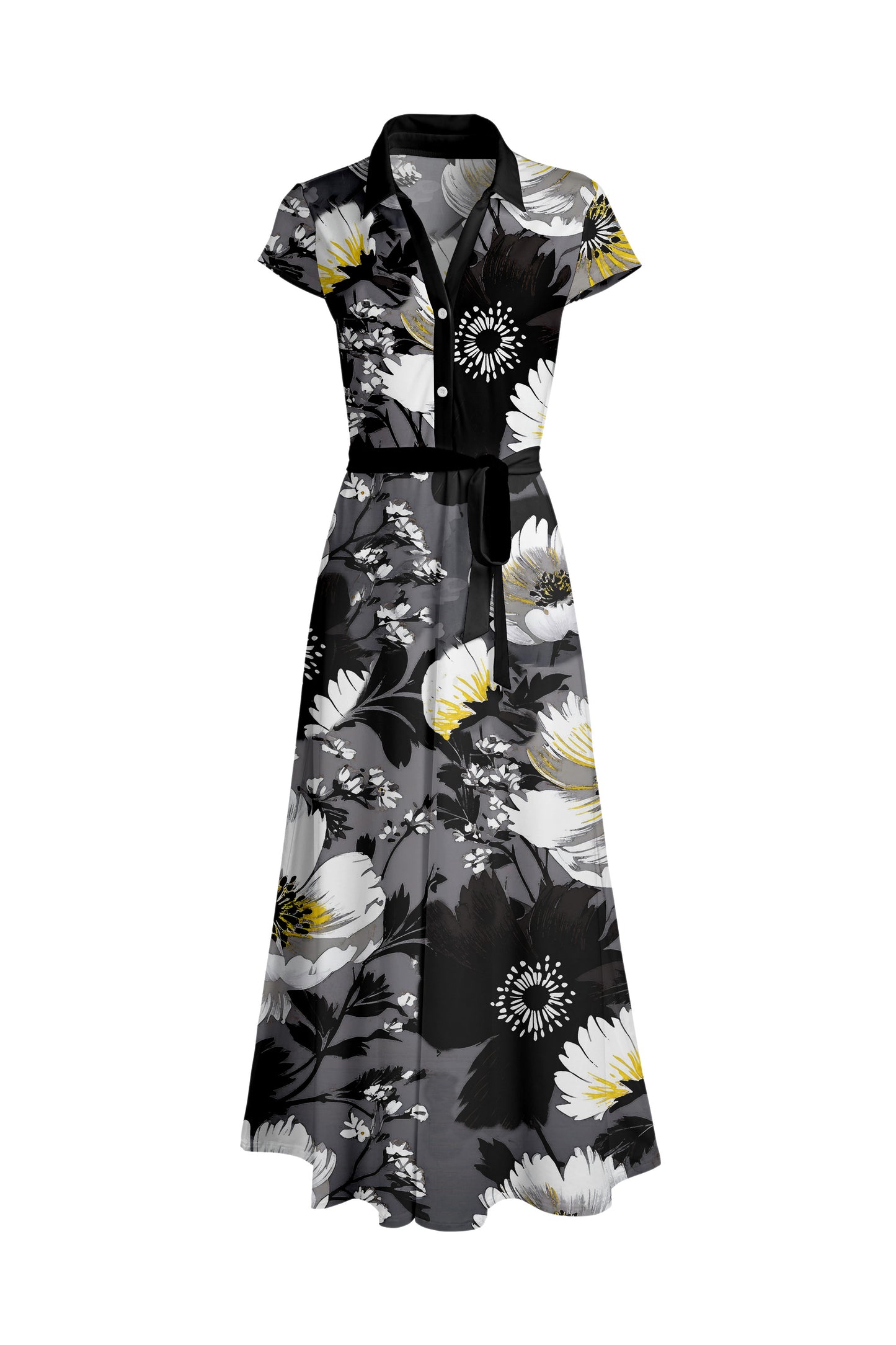 Classic Short-Sleeve Maxi Dress-White Brown Abstract
