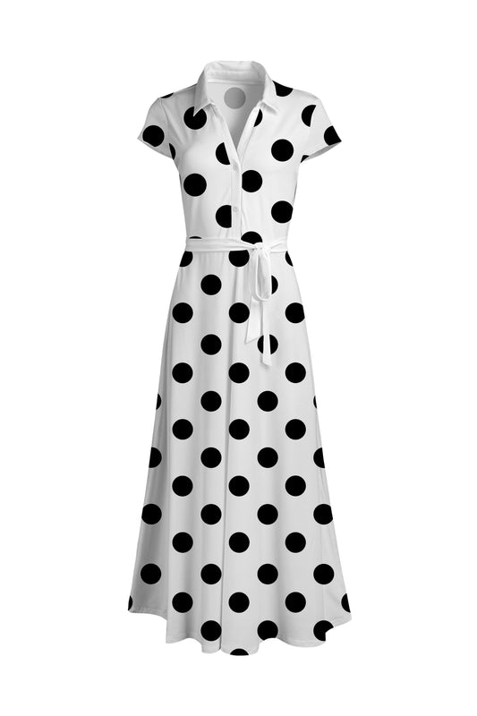 Classic Elegant Short-Sleeve Maxi Dress-Green White Dots