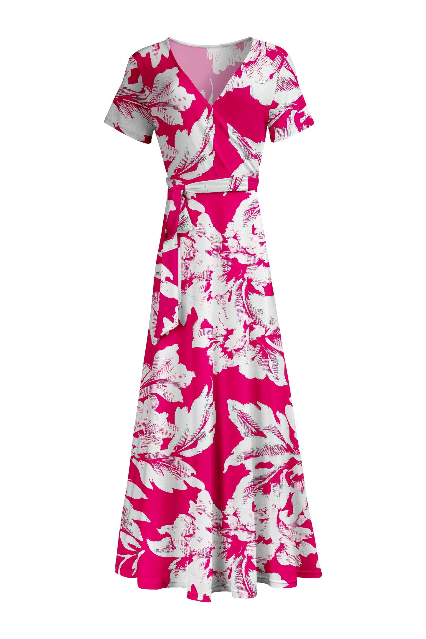 Elegant Print Maxi Dress with Waist Tie-Black Red Rose
