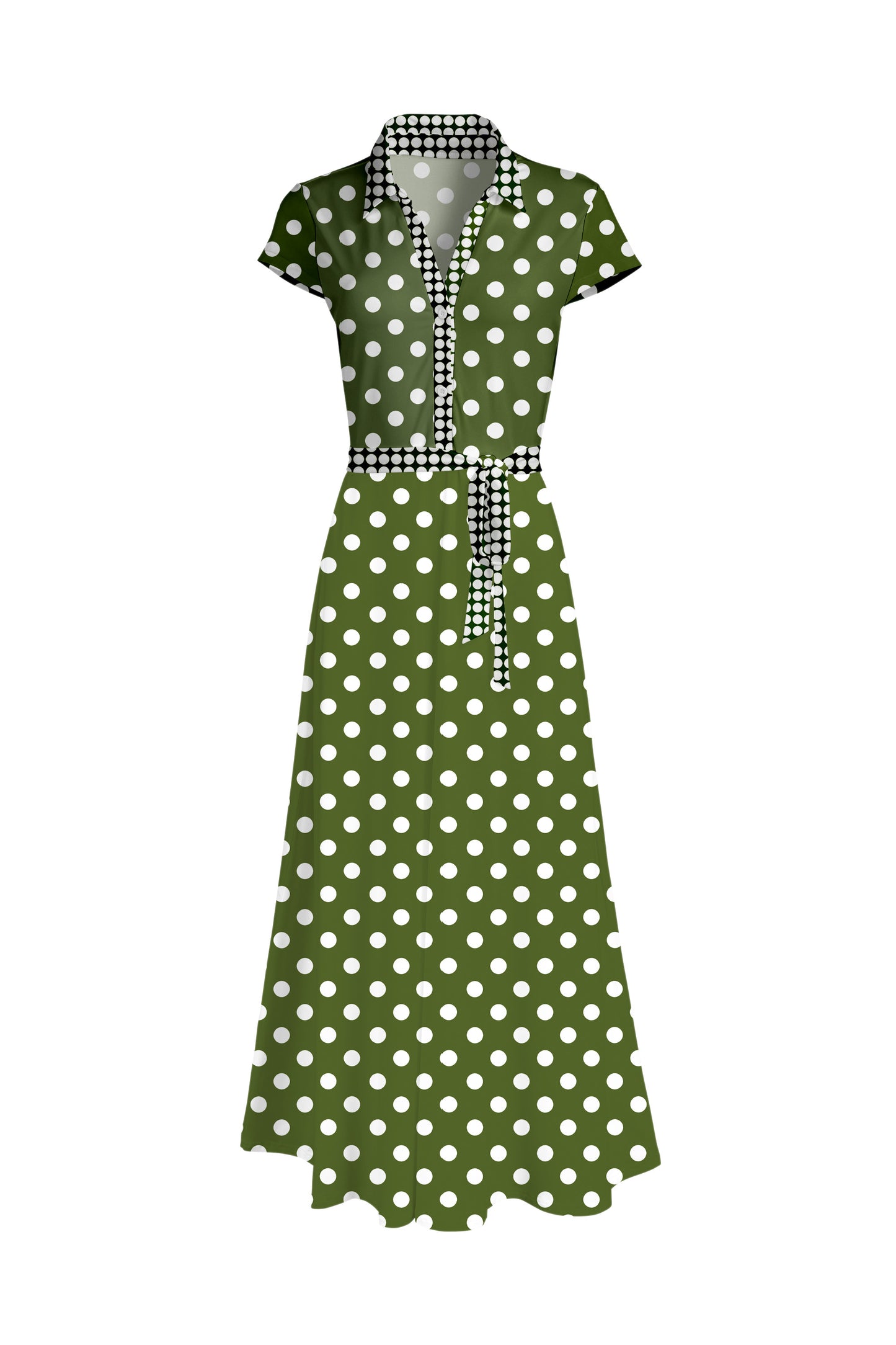 Classic Elegant Short-Sleeve Maxi Dress-Green White Dots