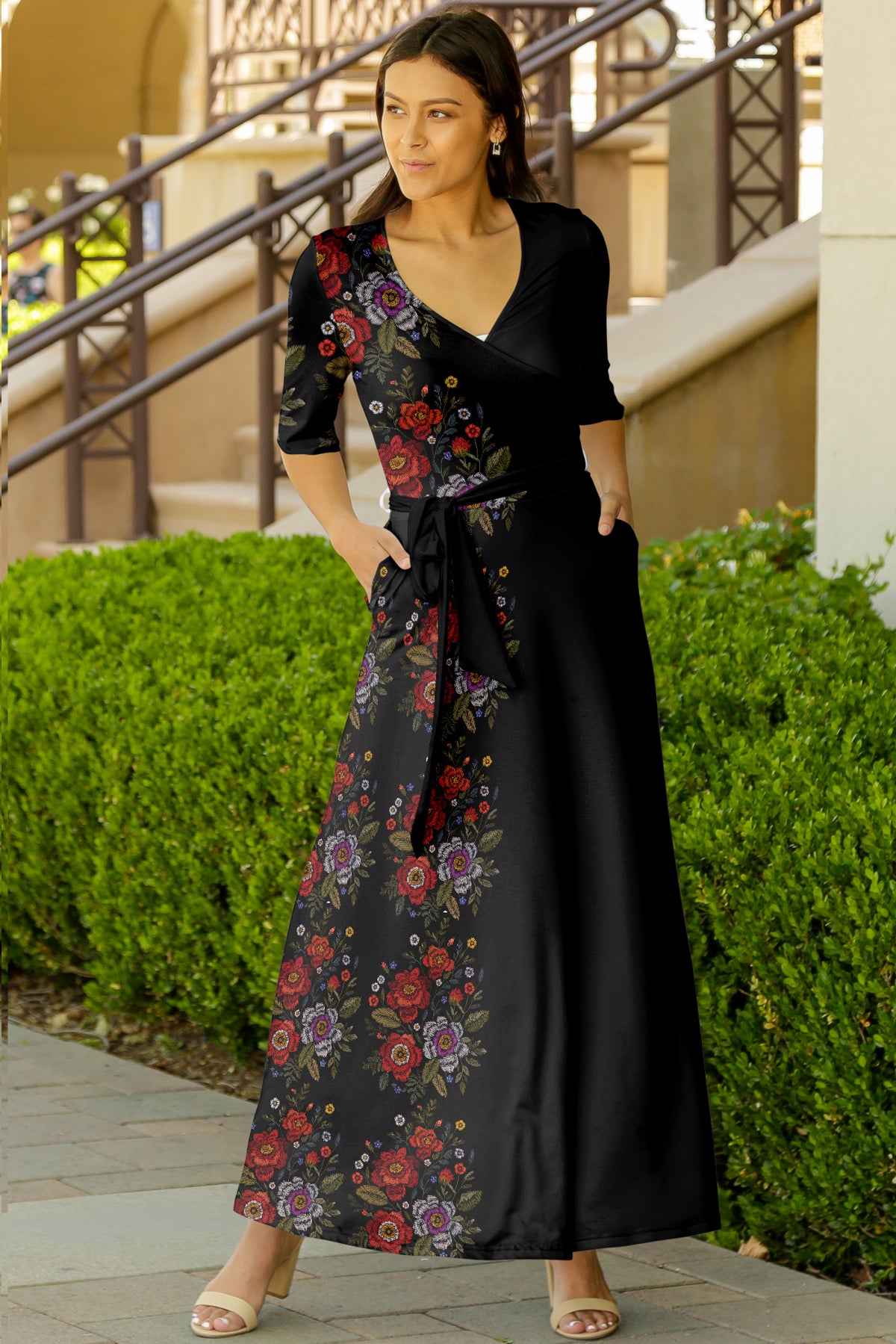 Elegant Print Maxi Dress with Waist Tie-Turquoise Pink Vintage