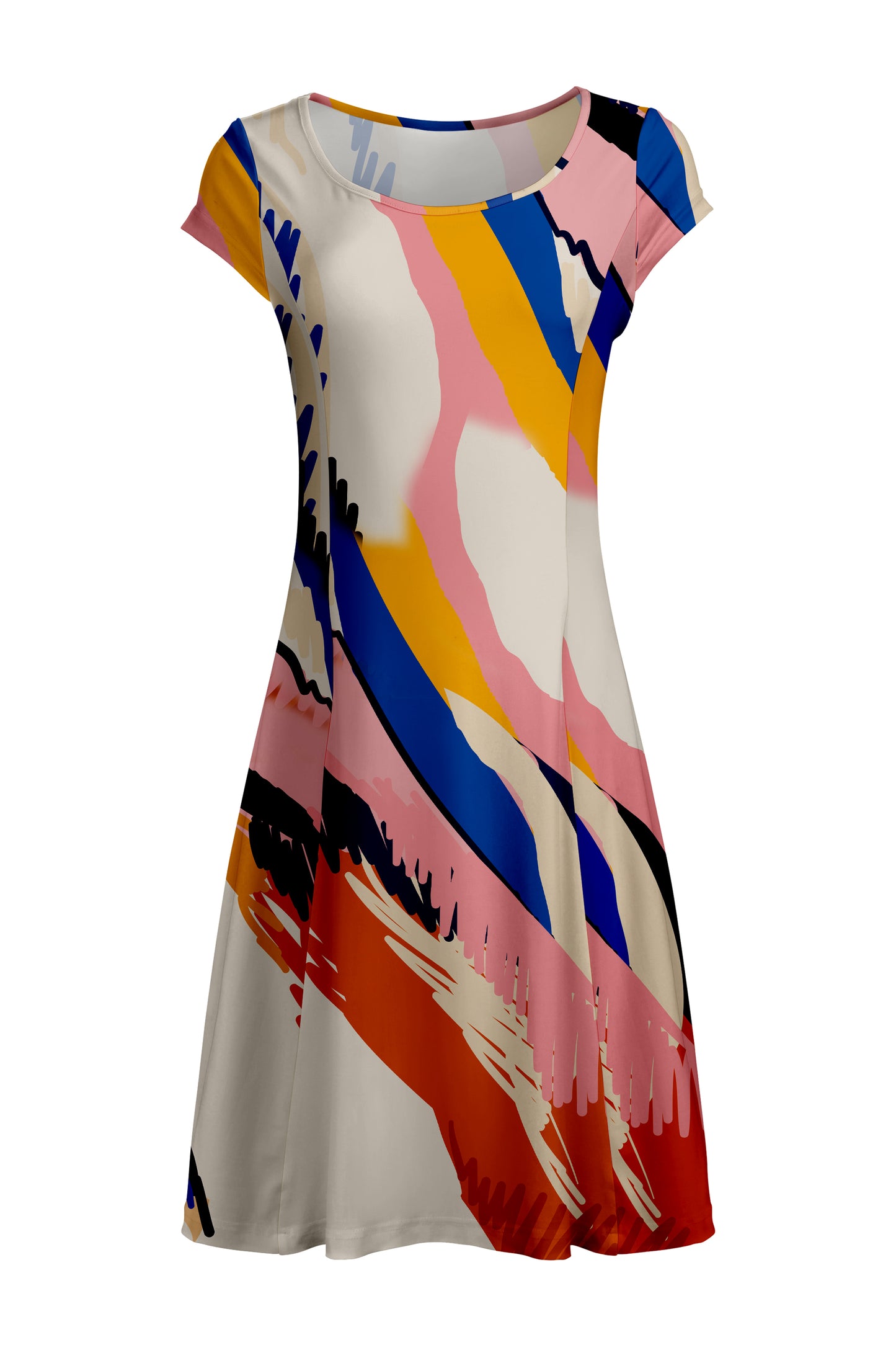 Flowy Comfort Patchwork Midi Dress-Pink Yellow Patched Pattern