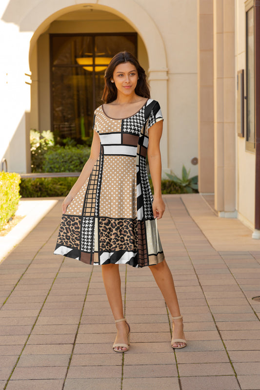Flowy Comfort Patchwork Midi Dress-Yellow Blue Pink Abstract