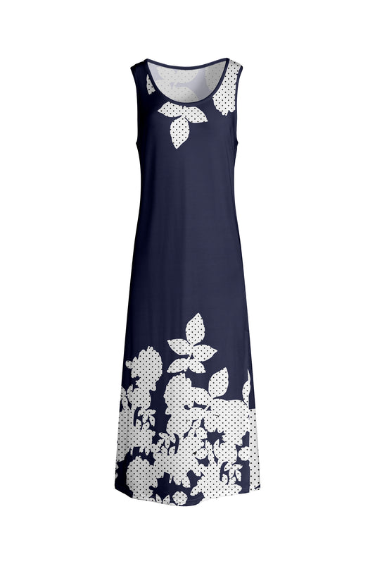 Elegant A-Line Maxi Dress with Side Splits-Navy White Floral