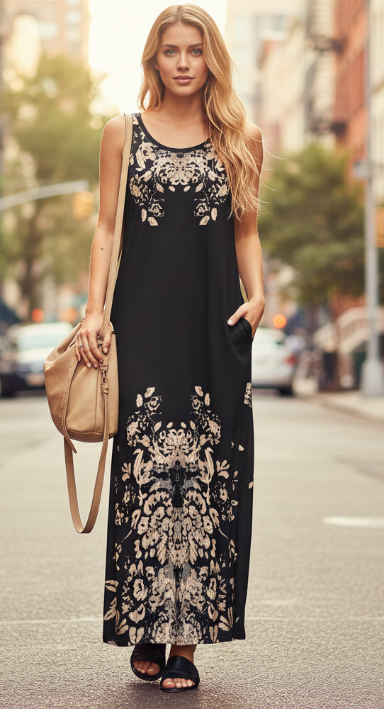 Printed Sleeveless A-Line Maxi Dress-Yellow Red Floral