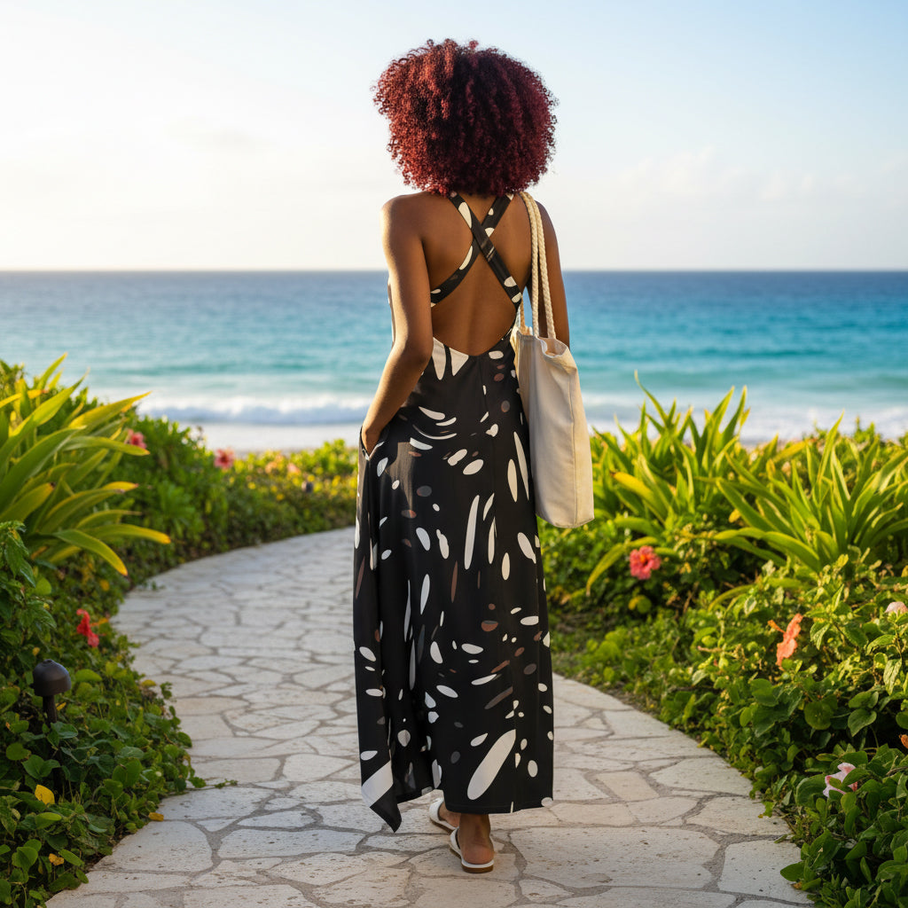 V-Neck Maxi Dress with Handkerchief Hem & Pockets-Pink White Dots