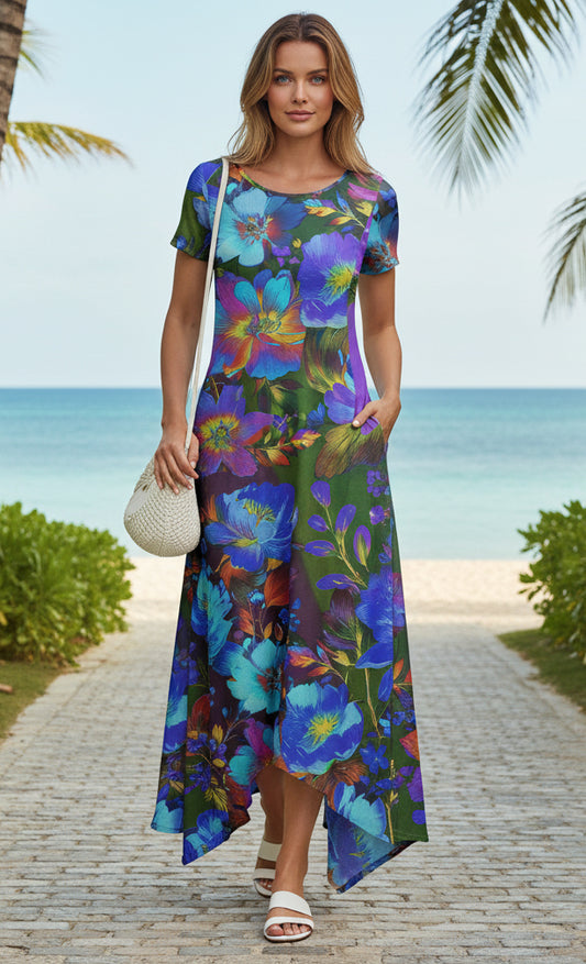 Handkerchief Hem Maxi Dress-Teal Blue Tie-Dye Print