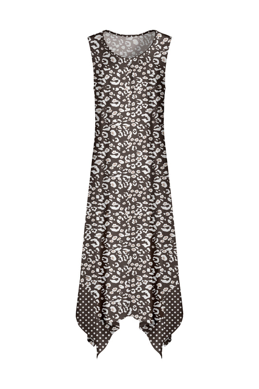 Flowy Scarf-Bottom Maxi Dress-White Black Dots Floral