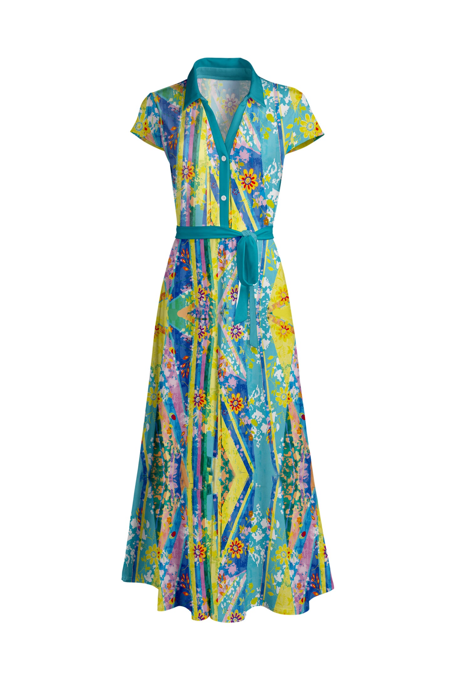 Classic Elegant Short-Sleeve Maxi Dress-Green White Dots