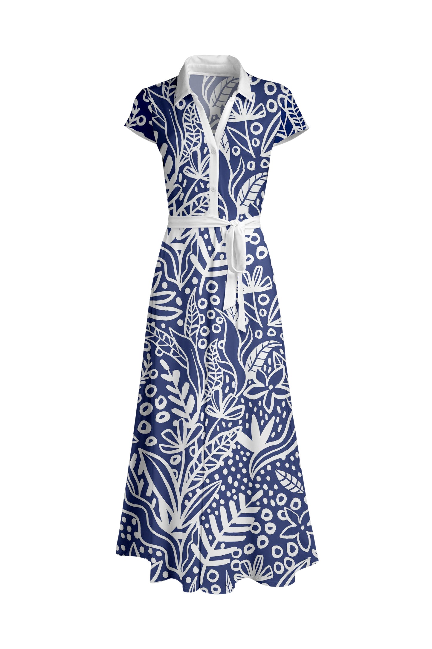 Classic Short-Sleeve Maxi Dress-White Brown Abstract