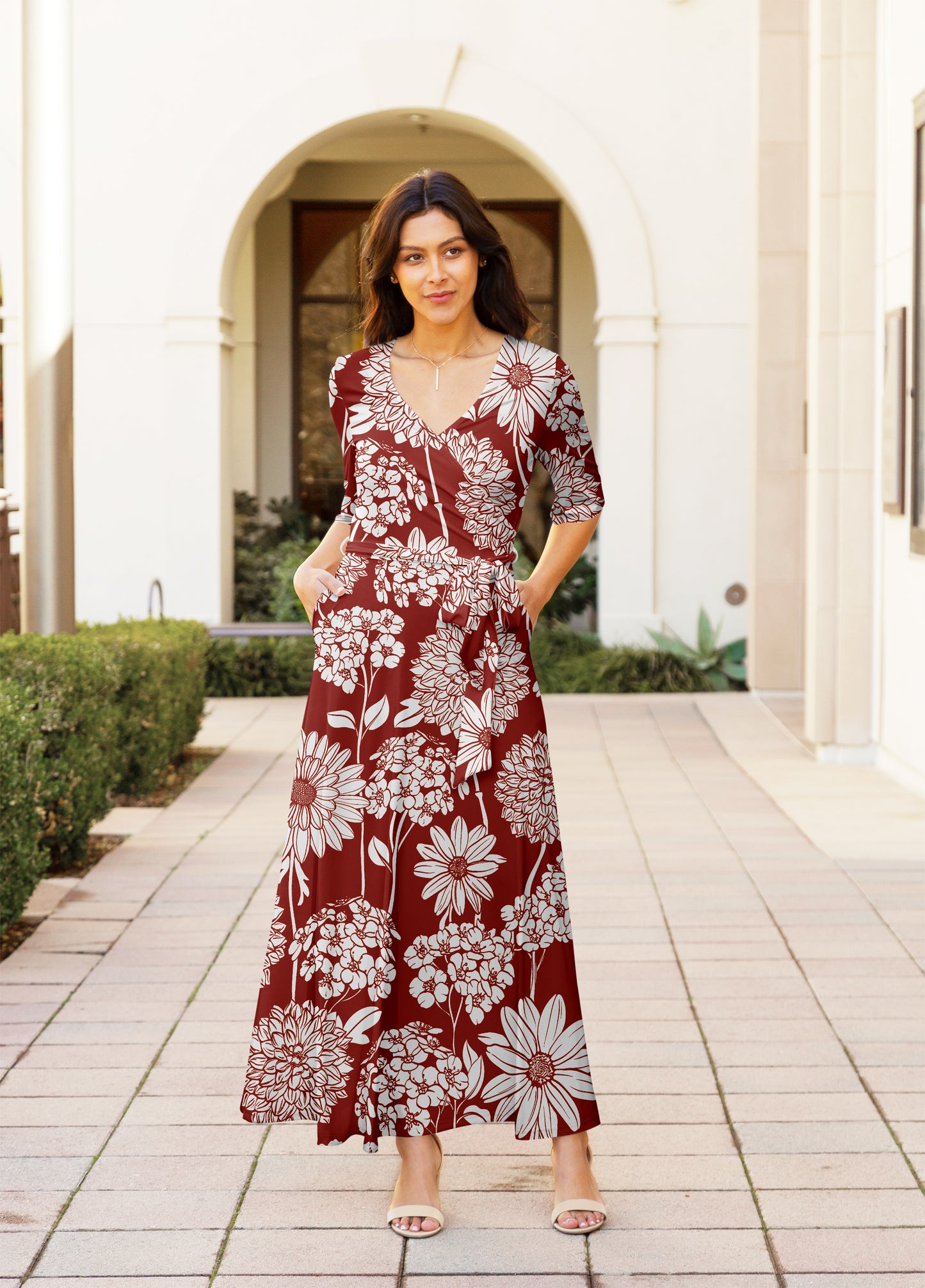 Elegant Print Maxi Dress with Waist Tie-Yellow Black Turquoise Abstract