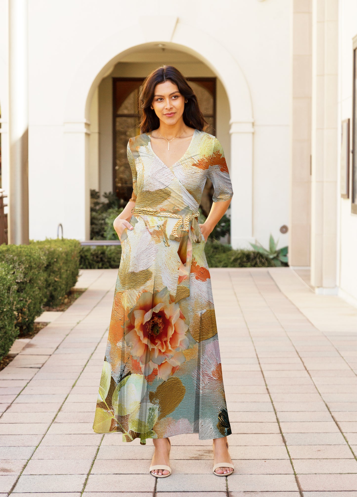 Elegant Print Maxi Dress with Waist Tie-Yellow Black Turquoise Abstract