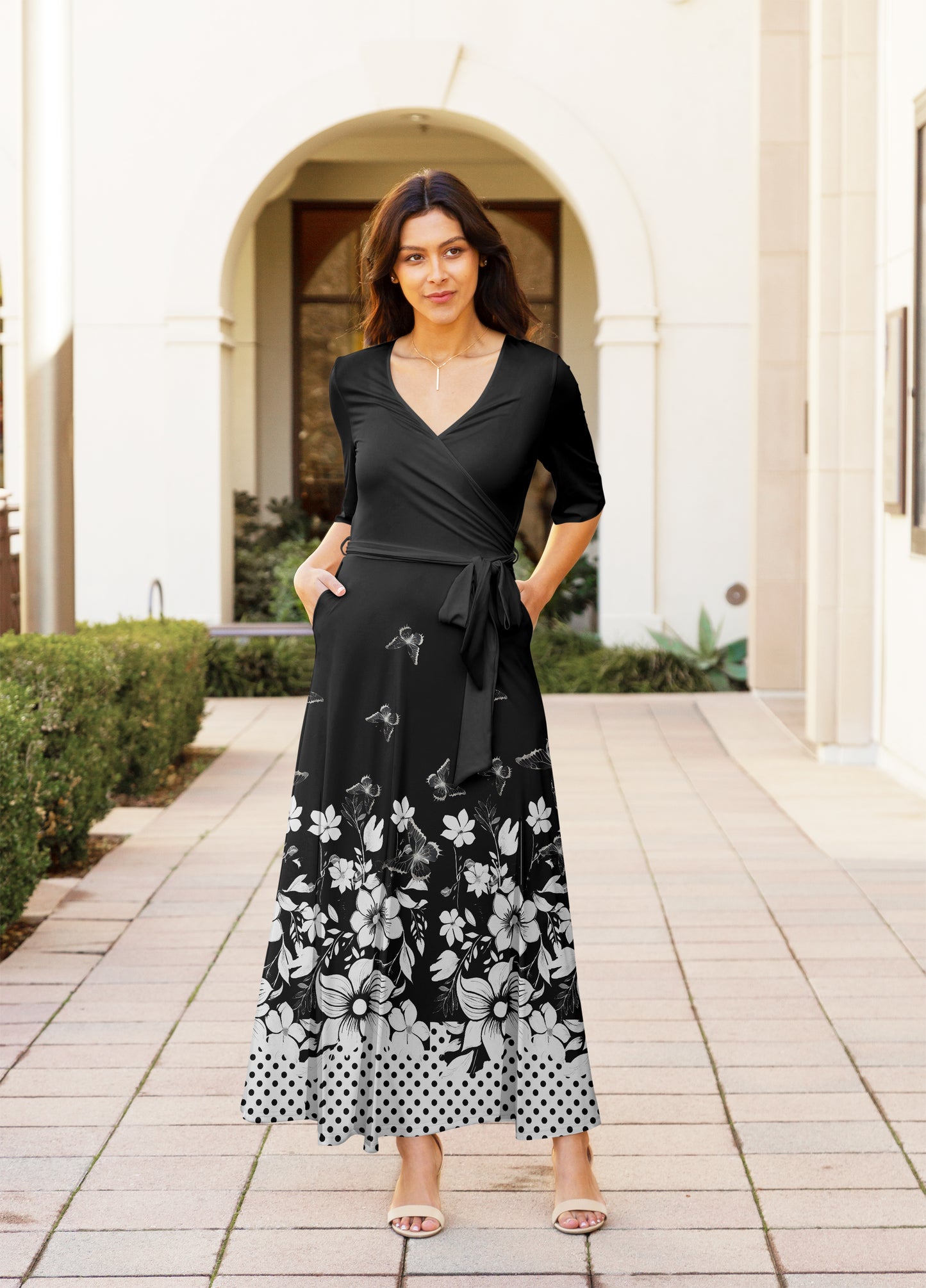 Elegant Print Maxi Dress with Waist Tie-Yellow Black Turquoise Abstract