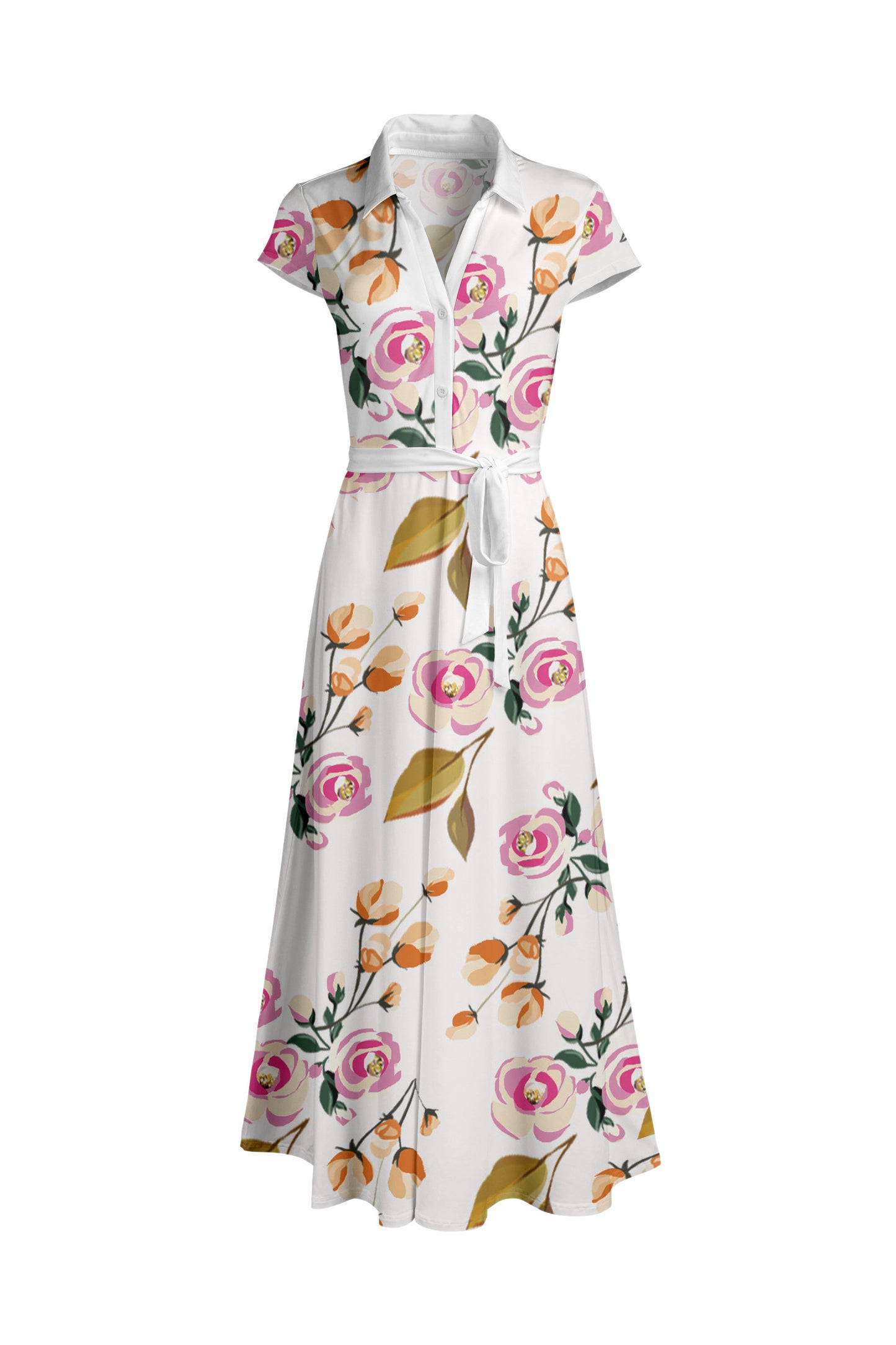 Classic Short-Sleeve Maxi Dress-White Brown Abstract