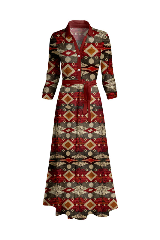 Elegant Long-Sleeve Maxi Dress-Brown White Dots