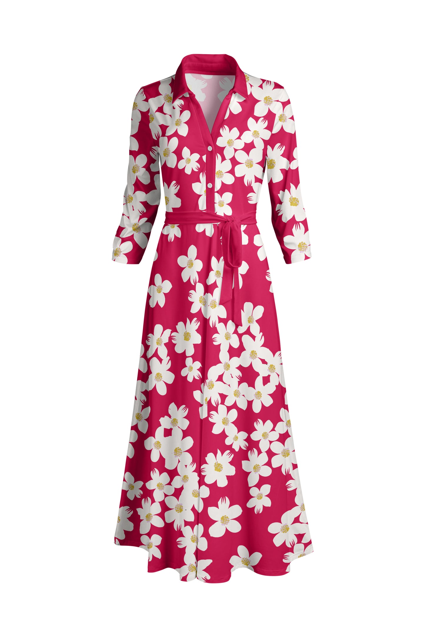 Elegant Long-Sleeve Maxi Dress-Pink White Floral