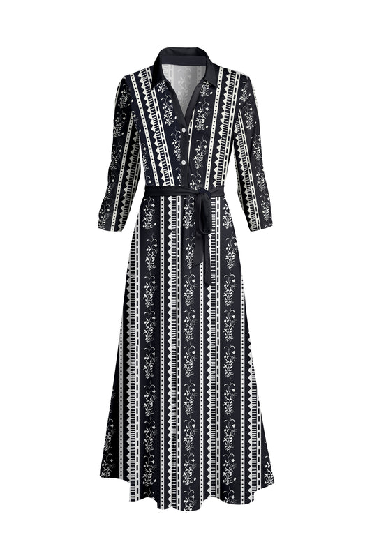 Elegant Long-Sleeve Maxi Dress-Blue Patched Patterns