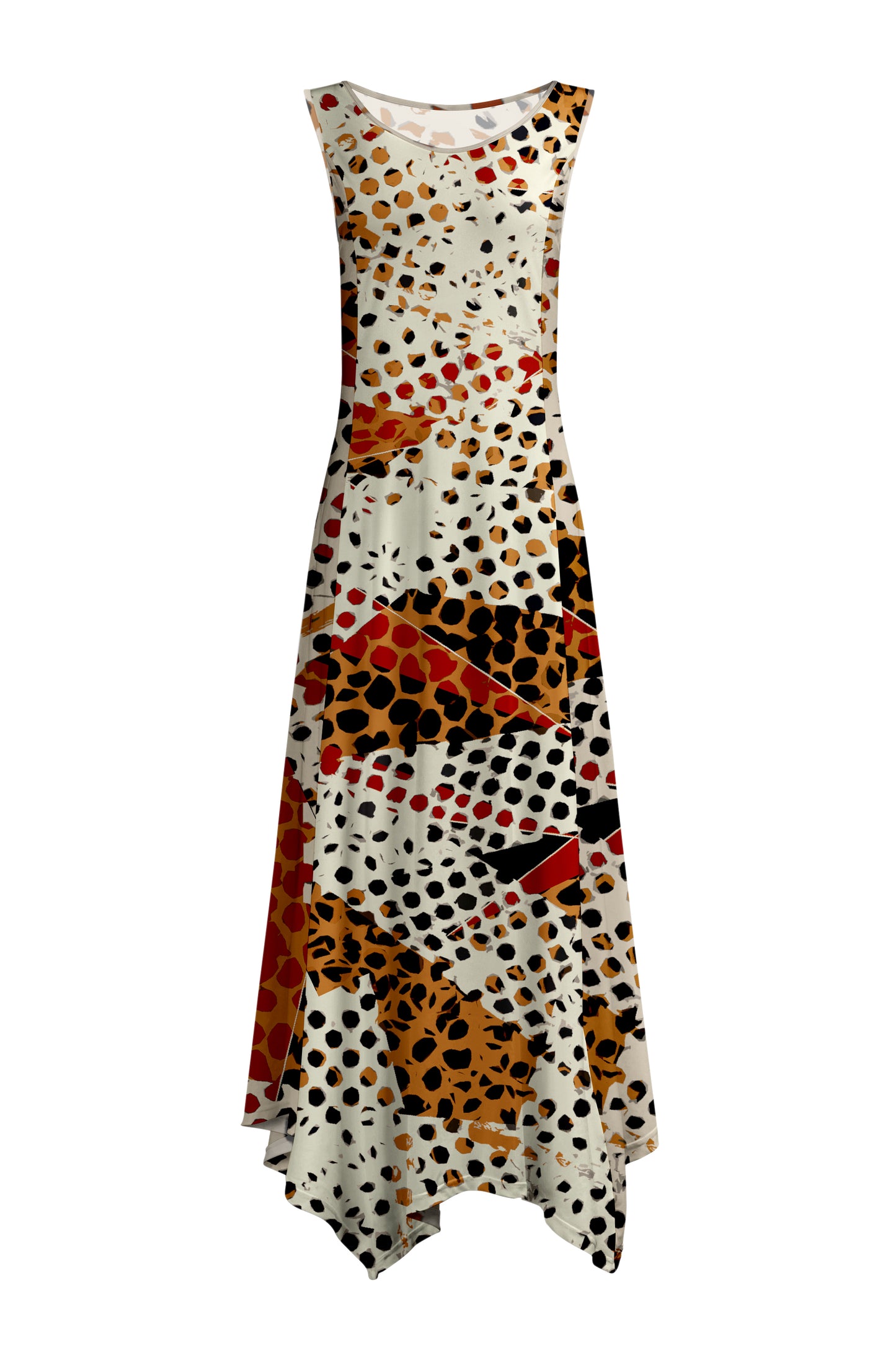 Elegant Patchwork Maxi Dress with Scarf Hem-Blue Patched Patterns