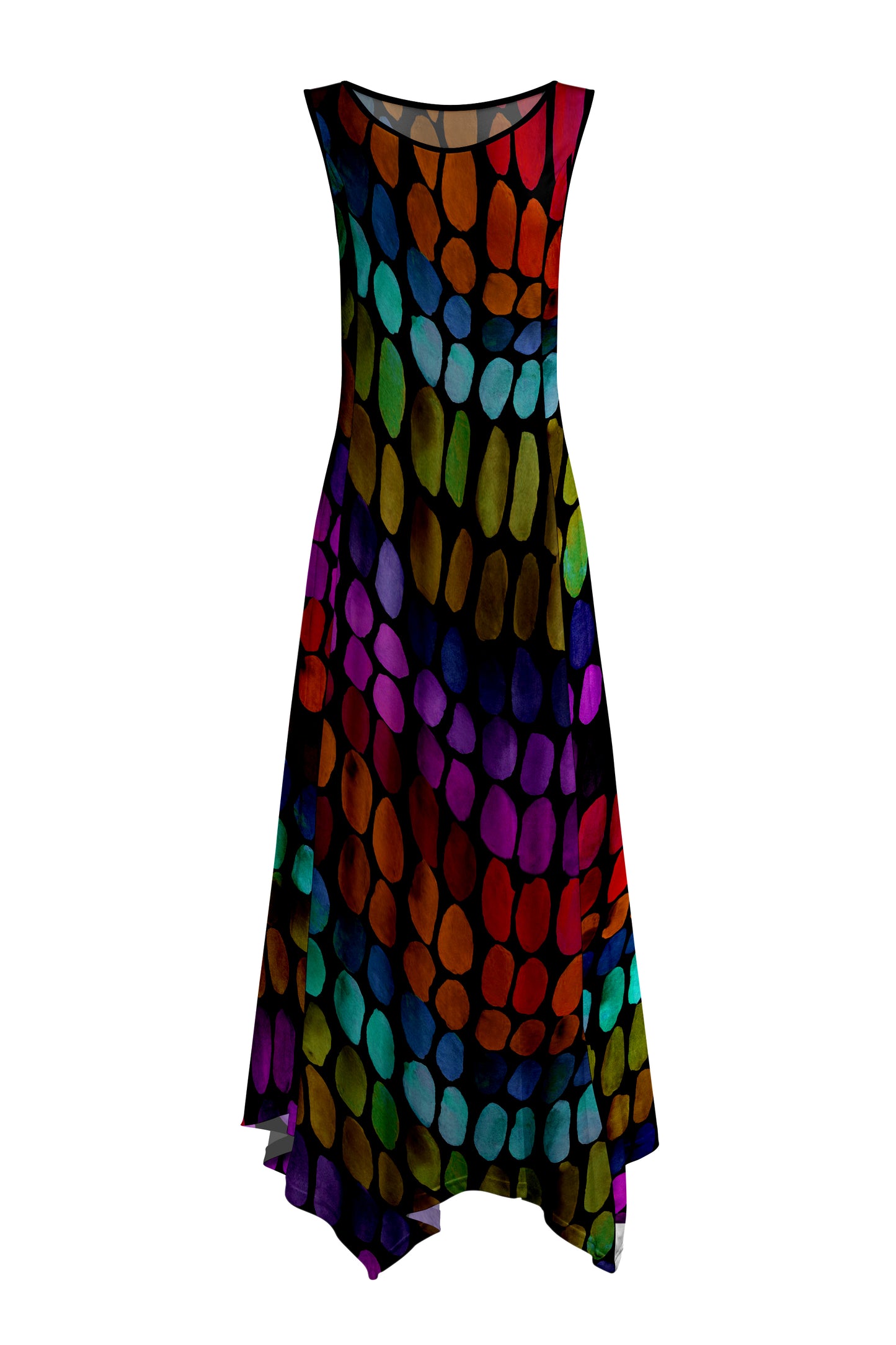 Elegant Patchwork Maxi Dress with Scarf Hem-Blue Patched Patterns