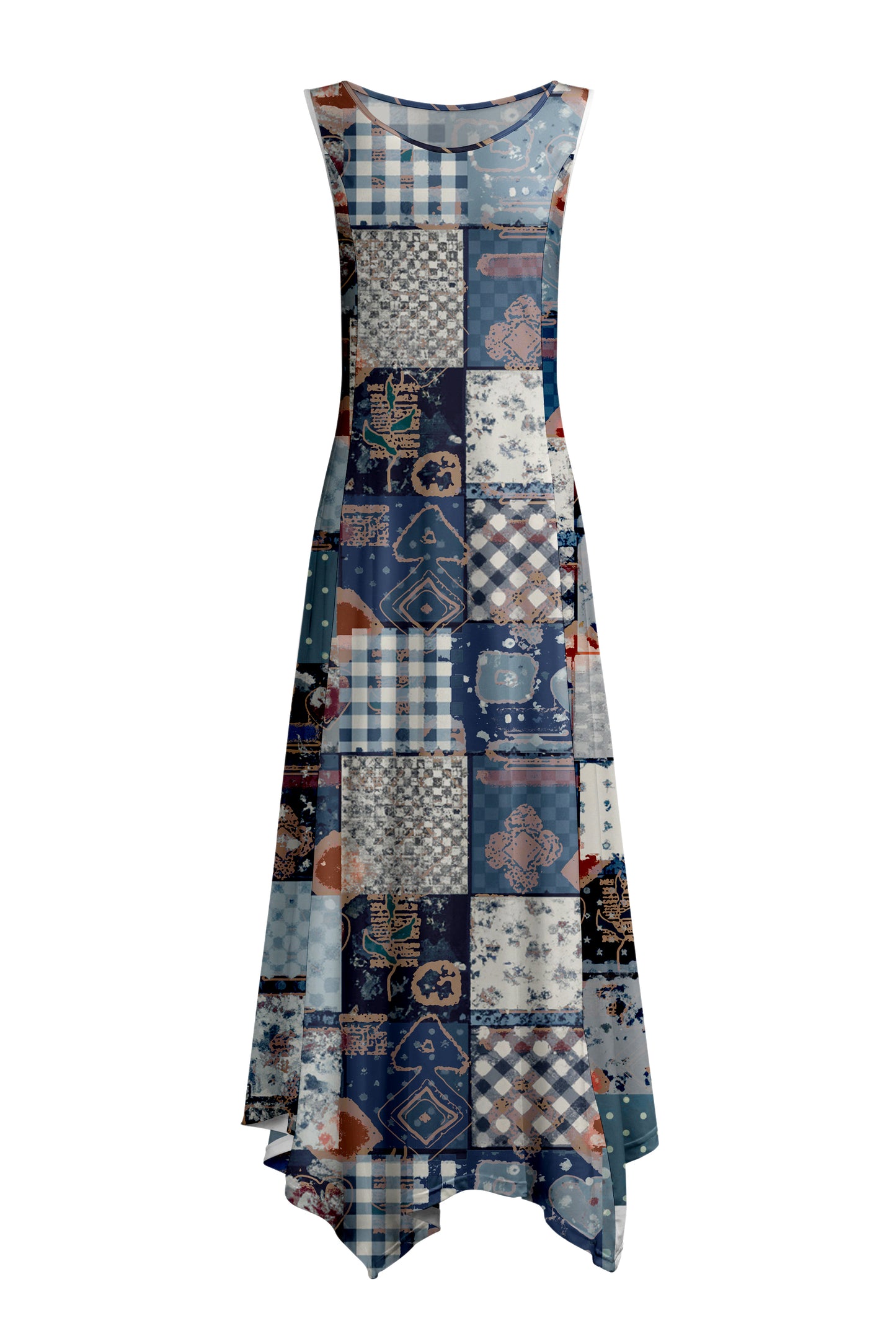 Elegant Patchwork Maxi Dress with Scarf Hem-Blue Patched Patterns