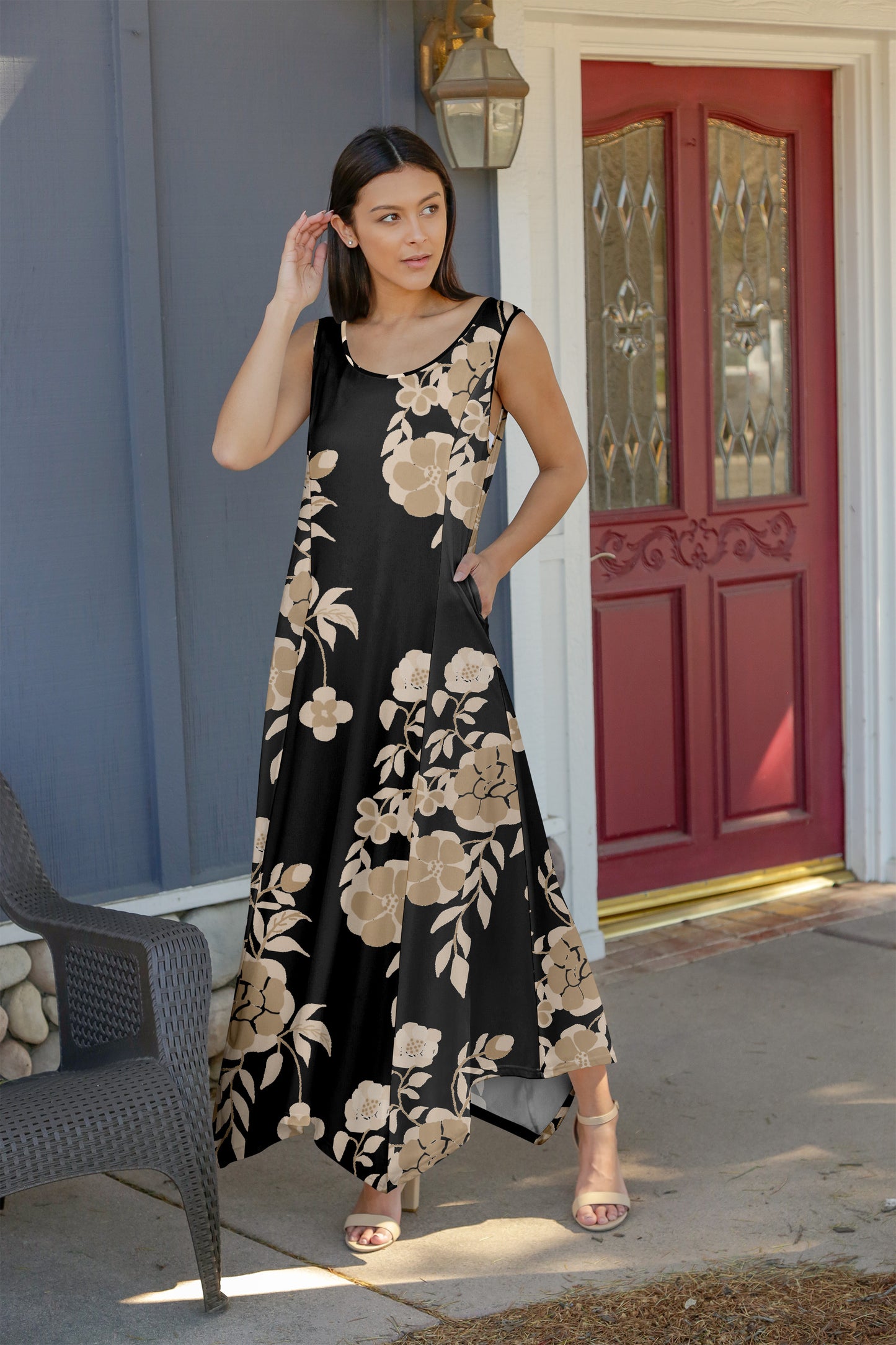 Elegant Patchwork Maxi Dress with Scarf Hem-Blue Patched Patterns