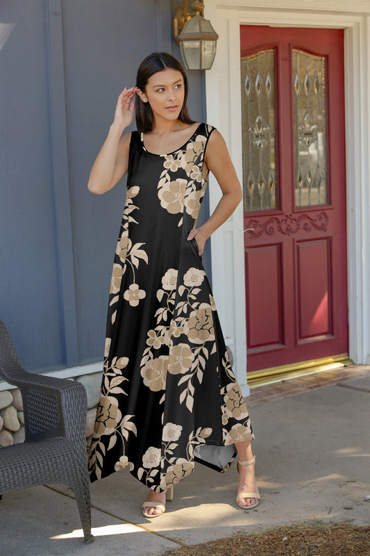 Elegant Patchwork Maxi Dress with Scarf Hem-Orange Floral