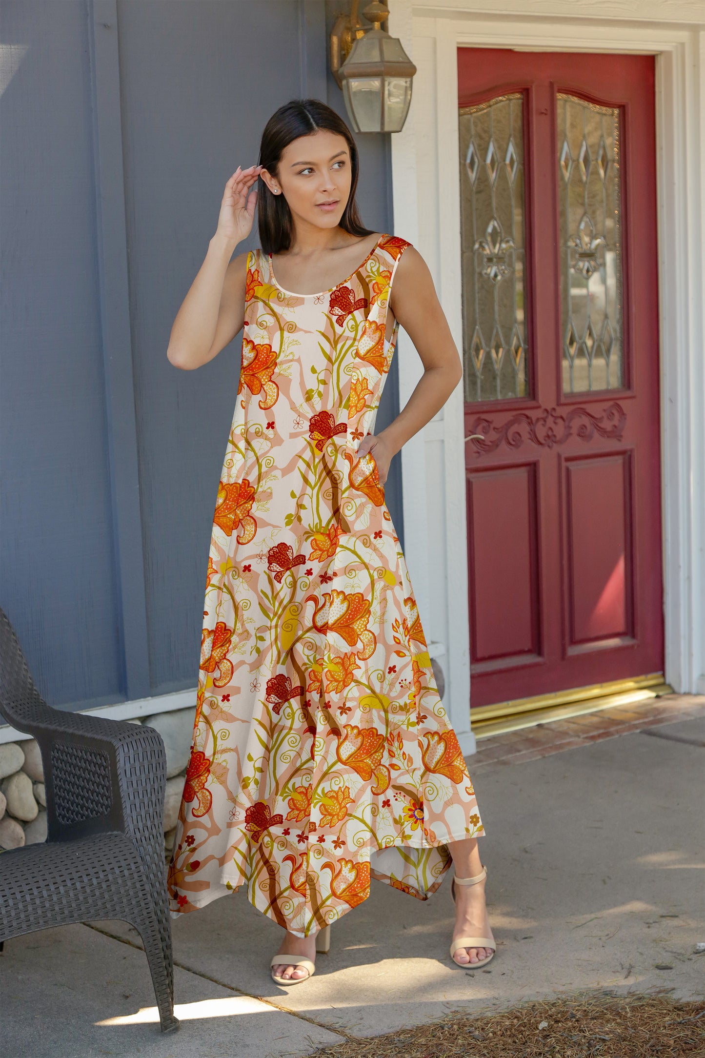 Elegant Patchwork Maxi Dress with Scarf Hem-Blue Patched Patterns