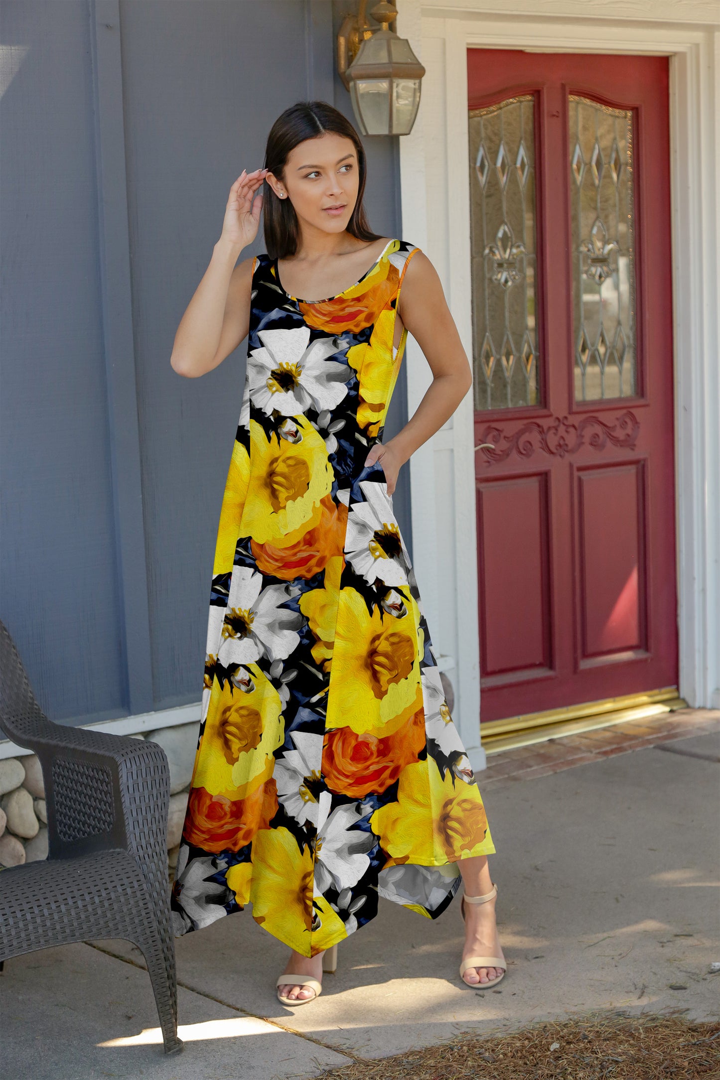 Elegant Patchwork Maxi Dress with Scarf Hem-Blue Patched Patterns