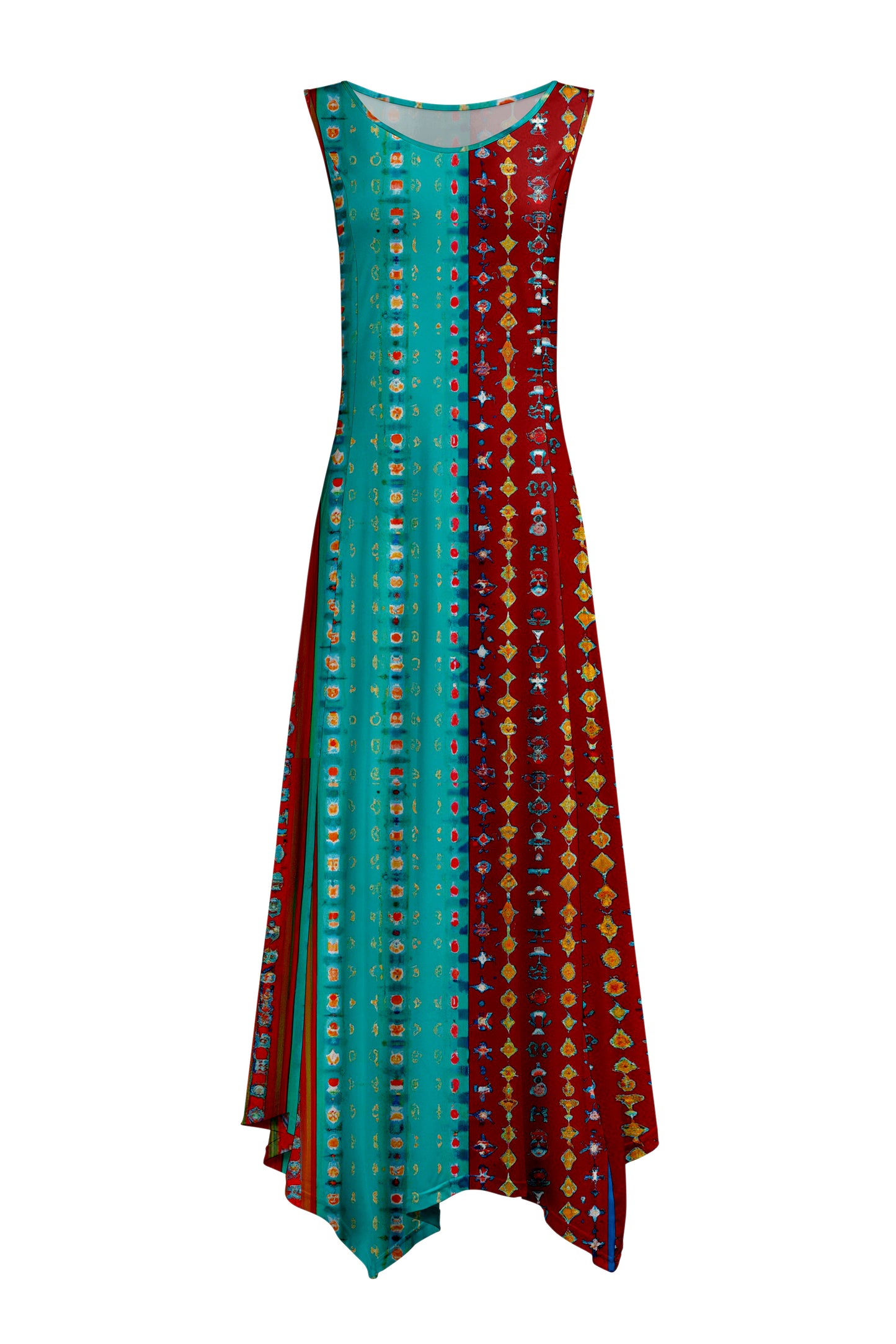 Elegant Patchwork Maxi Dress with Scarf Hem-Blue Patched Patterns