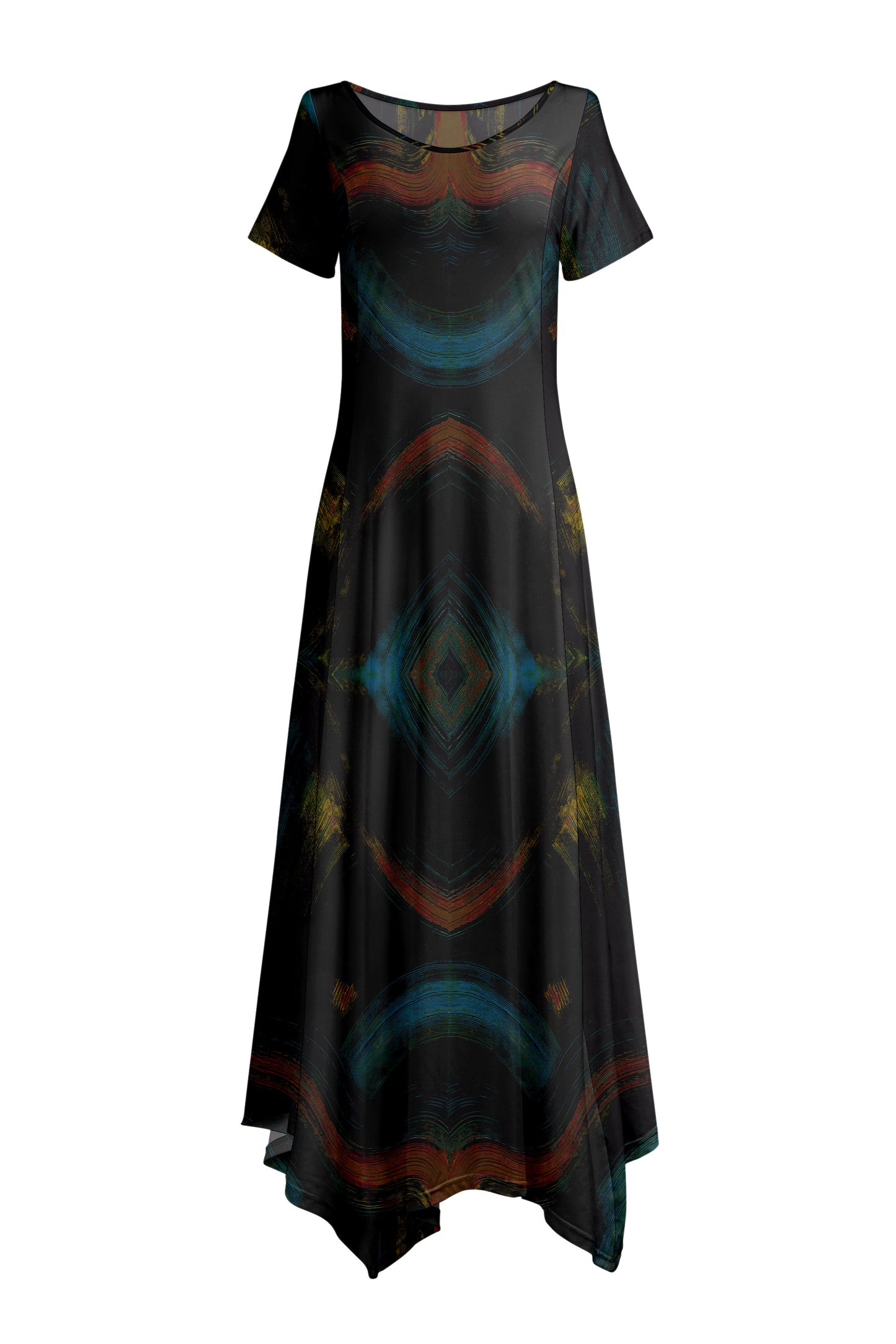 Elegant Patchwork Maxi Dress with Scarf Hem-Turquoise Pink Vintage Floral