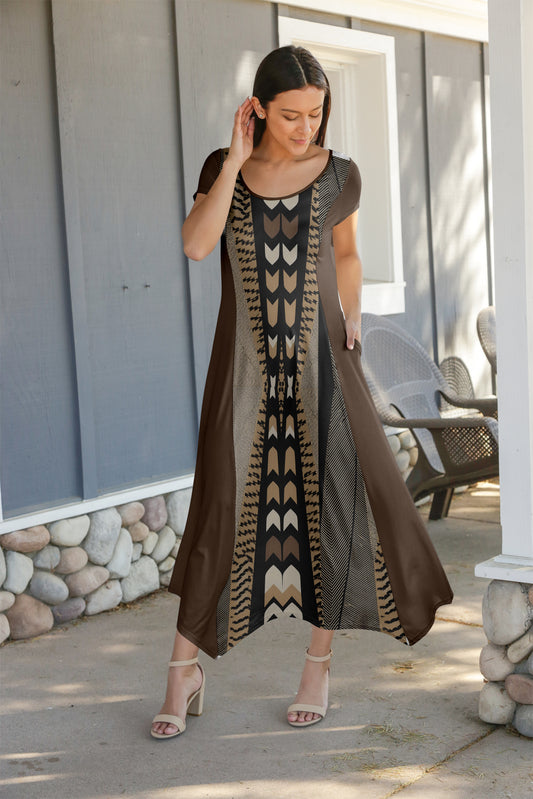 Elegant Patchwork Maxi Dress with Scarf Hem-Black Teal Rust Abstract