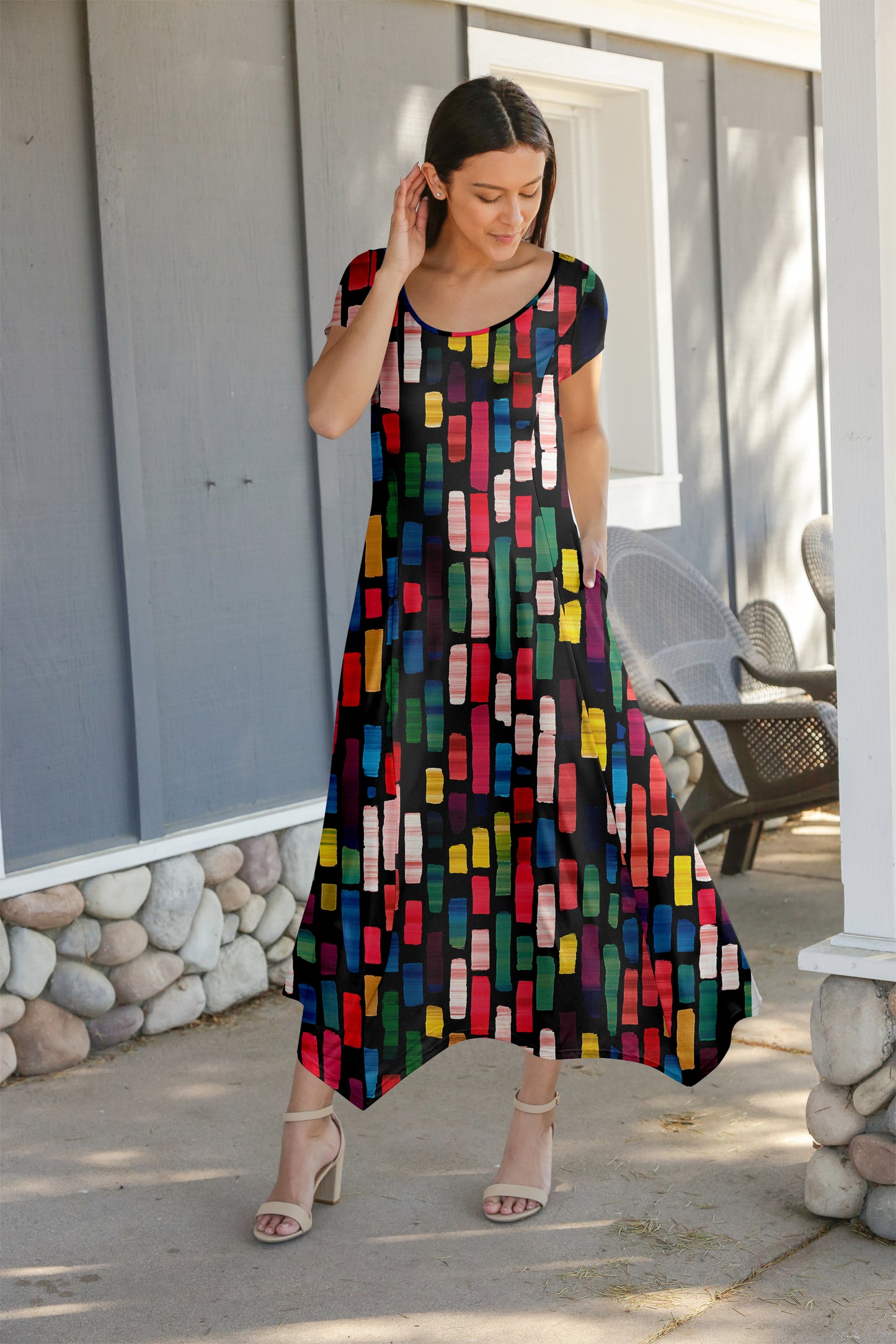 Elegant Patchwork Maxi Dress with Scarf Hem-Turquoise Pink Vintage Floral