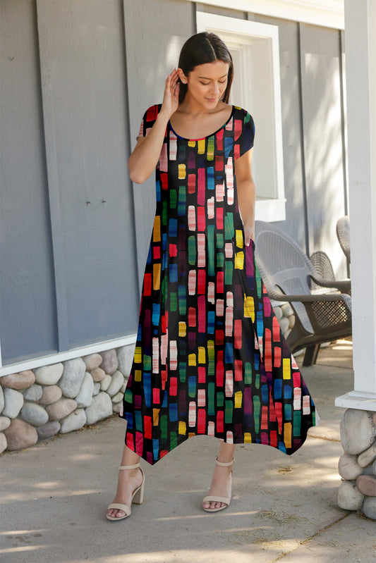 Elegant Patchwork Maxi Dress with Scarf Hem-Brown Beige dots and Strips